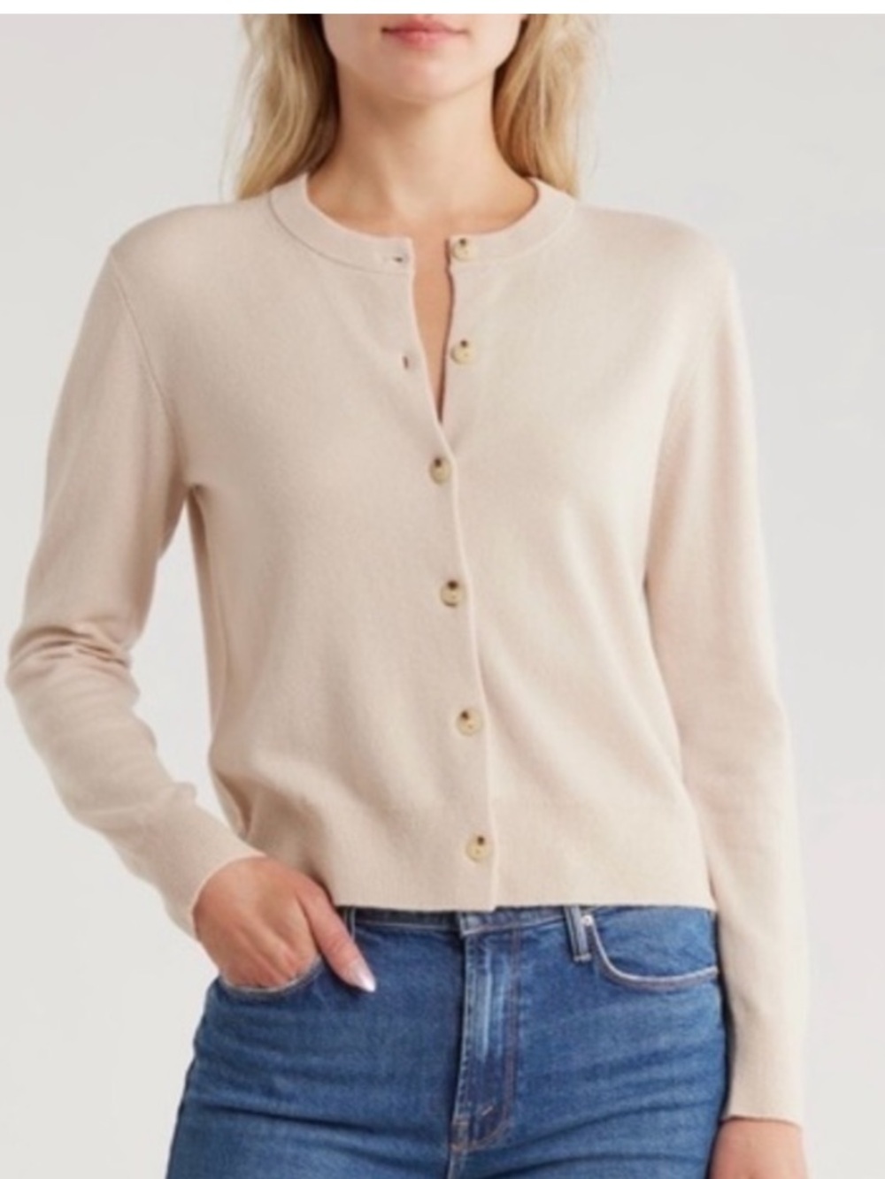 Classic Crewneck Button-Front cardigan in light oak